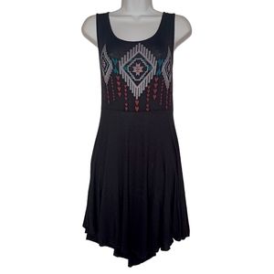 TOTO COLLECTION Tribal White Blue Heart Print Sleeveless Black Stretchy Dress L